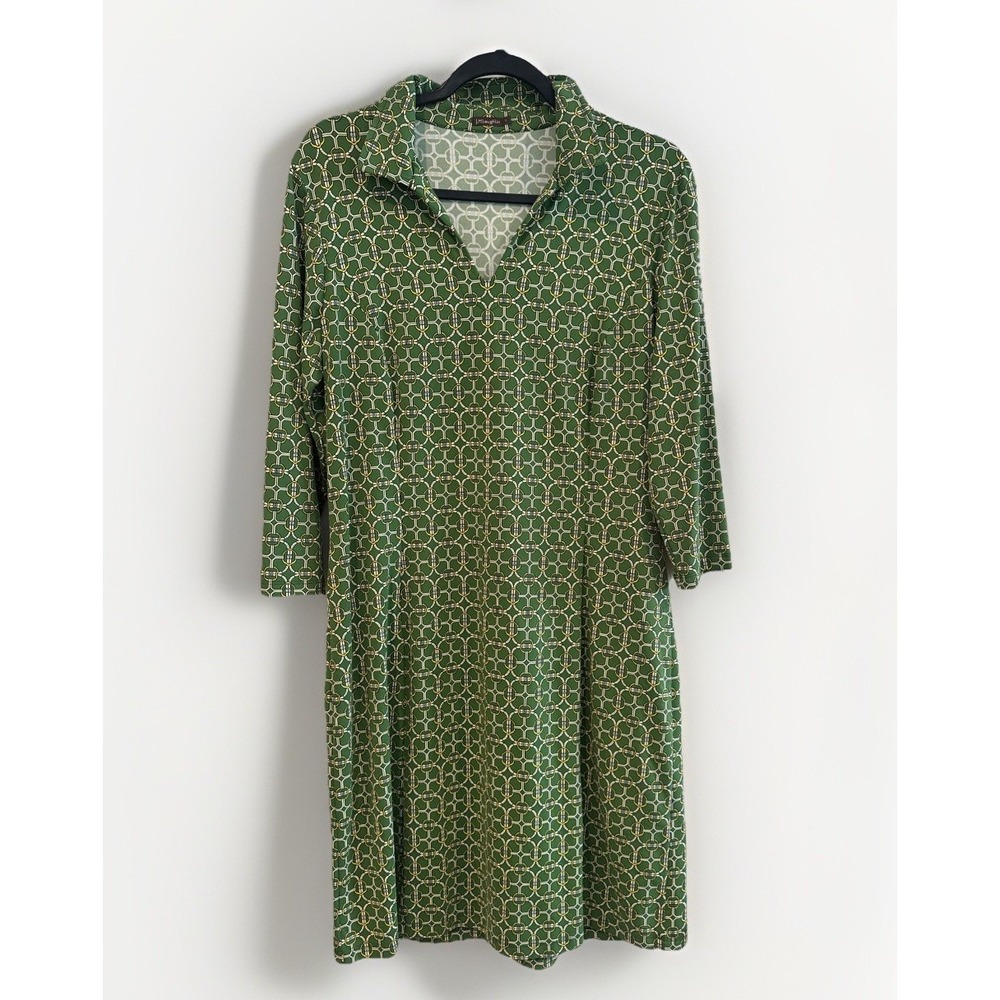 J. McLaughlin Calls Catalina Cloth Green White Wild Geo Dress Resort Wear Collar